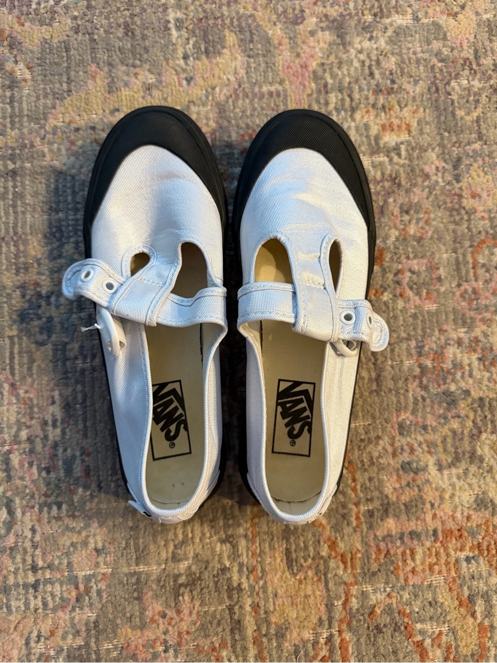 Vans women’s silver Canvas Mary Jane Shoes with Black Toe size 7